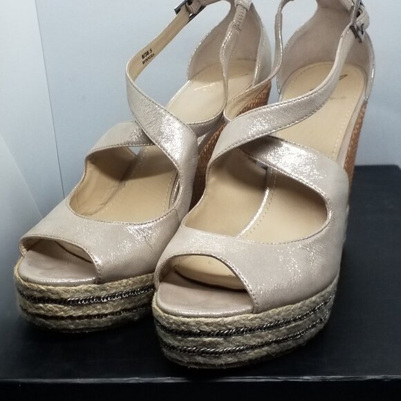 Brian Atwood size 8 Metallic Leather Platform Wedge Sandals with Rattan and Jute - Picture 9 of 9